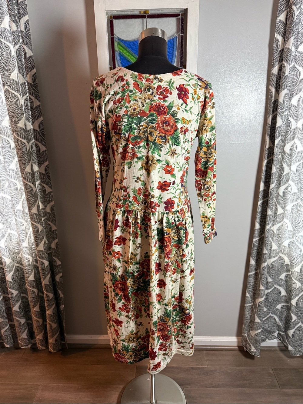 Vintage 80s/90s FADS Floral Drop Waist Midi Dress - Size S - Picture 5 of 8